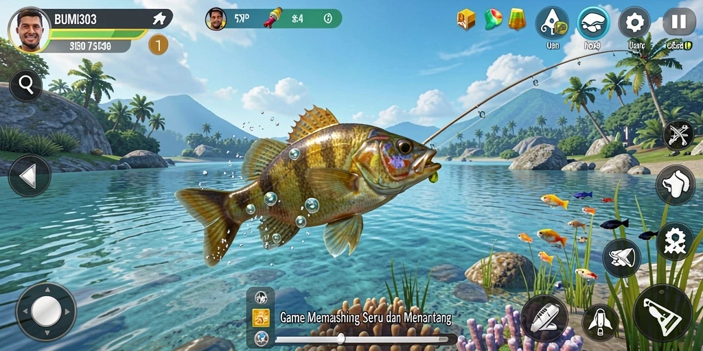 Screeenshot gameplay BUMI303 menampilkan pengalaman memancing yang seru.