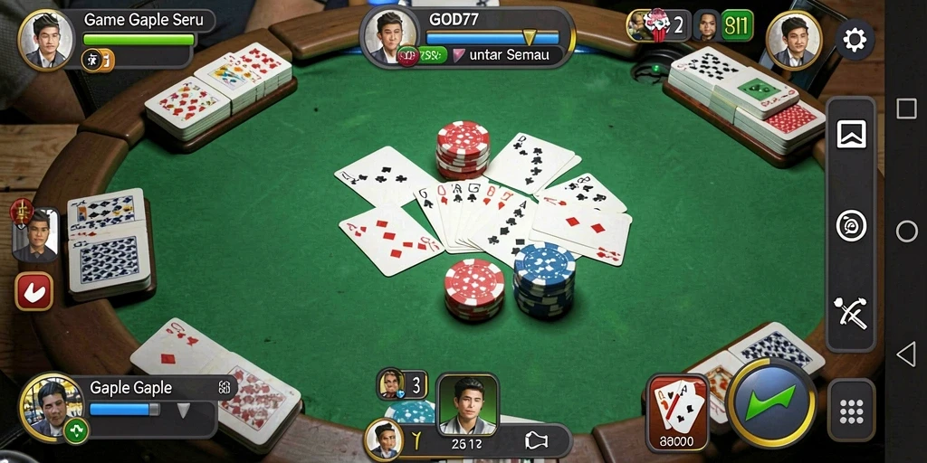 Screenshot utama GOD77 menunjukkan gameplay Gaple yang mendebarkan dan menarik.