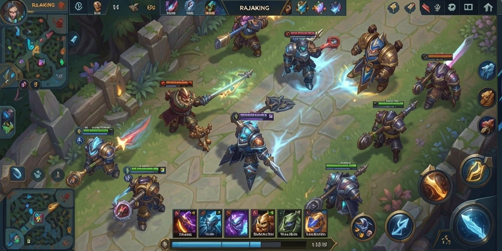 Screenshot gameplay RAJAKING menampilkan pertempuran epik dalam arena MOBA.